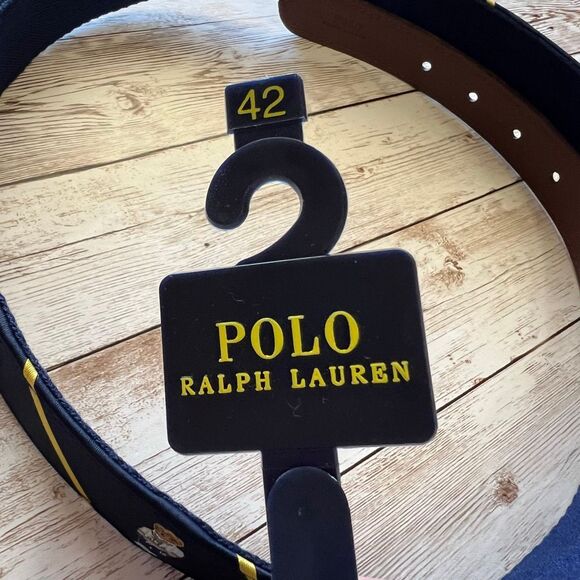 POLO RAPLH LAUREN Bear Logo Leather Trim Men’s Belt Sz 42 Newport Navy Blue NWT - Picture 5 of 7